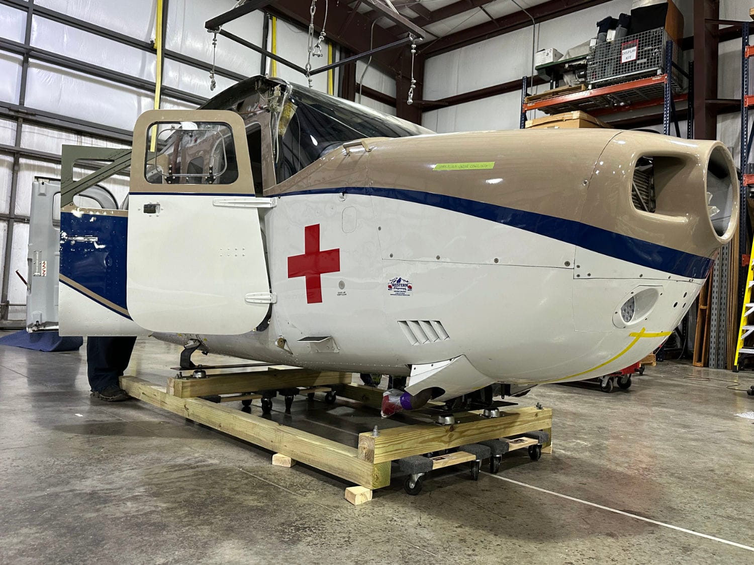 A missionary Cessna U206F attached to a shipping cradle so it can be shipped to Papua New Guinea.